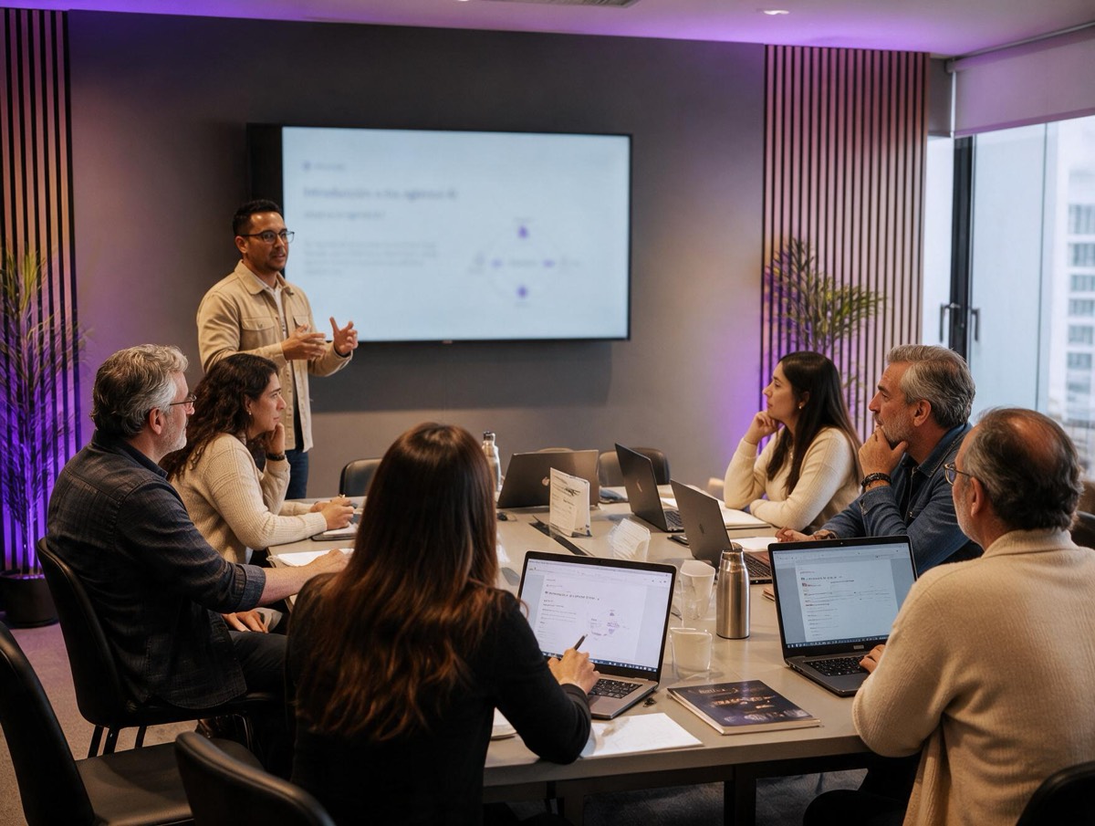 Sesión de formación de un equipo frente a una presentación